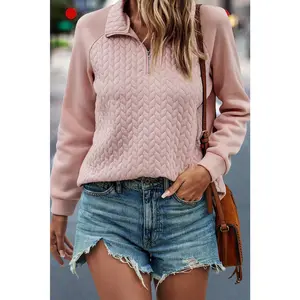 Apricot Powder Textured Quarter Zip Raglan Sleeve Sweatshirt