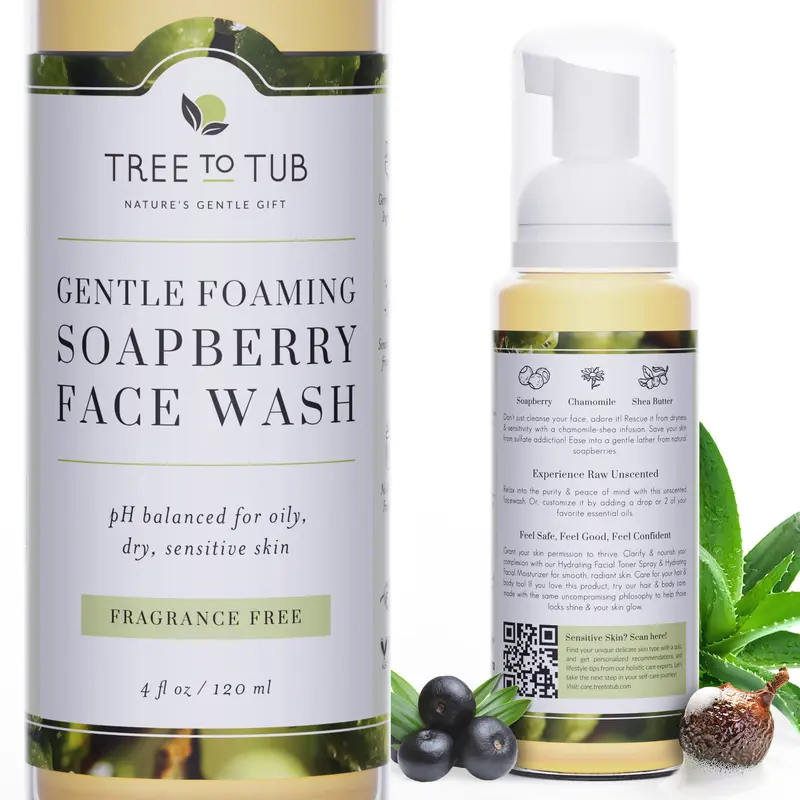 Tree to Tub Gentle Foaming Soapberry Face Wash - Fragrance-Free, Hydrating Facial Cleanser with Organic Aloe - pH Balanced & Ideal for Sensitive Skin