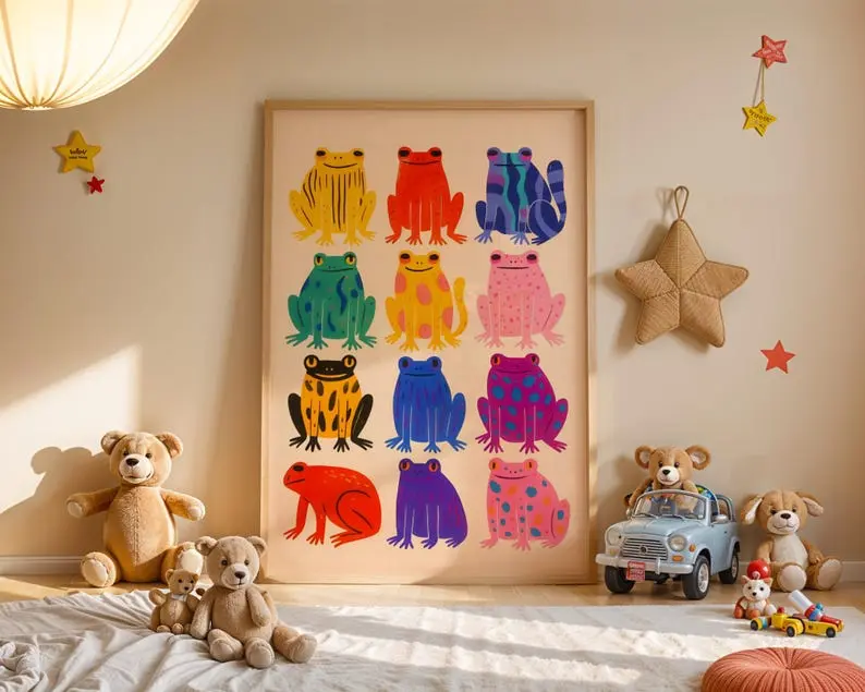 Colorful Frogs Print Kitsch Animal Pattern Wall Art, Aesthetic Dopamine Decor, Maximalist Animal , Funky Whimsical Nursery Poster