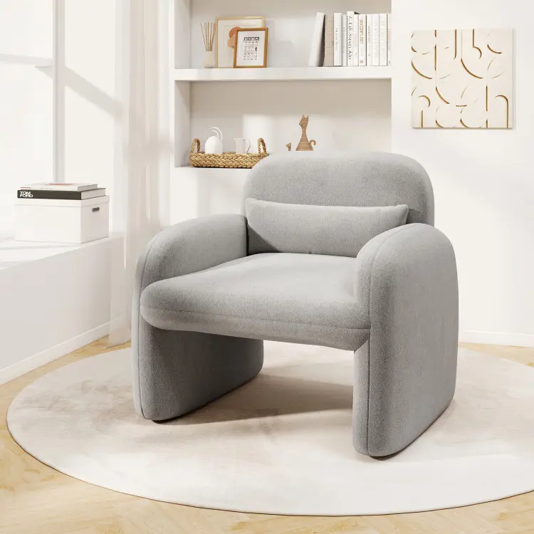 COSTWAY Modern Accent Chair for Living Room, Sherpa Fabric Upholstered Armchair w/Waist Pillow, Comfy Reading Chair w/Armrests, Small Single Sofa for Bedroom, Reception, Apartment, Office, White/Grey/Pink