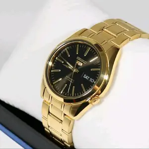 New Seiko 5 Automatic 21 Jewels Black Dial gold stainless steel men watch SNKL50K1