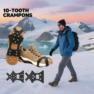 1 Pair 10-Tooth Heavy-Duty Anti-Slip Crampons - Steel Traction Cleats for Boots/Shoes, Outdoor Ice Grips for Hiking, Ice Climbing, Hunting, Running & Winter Walking