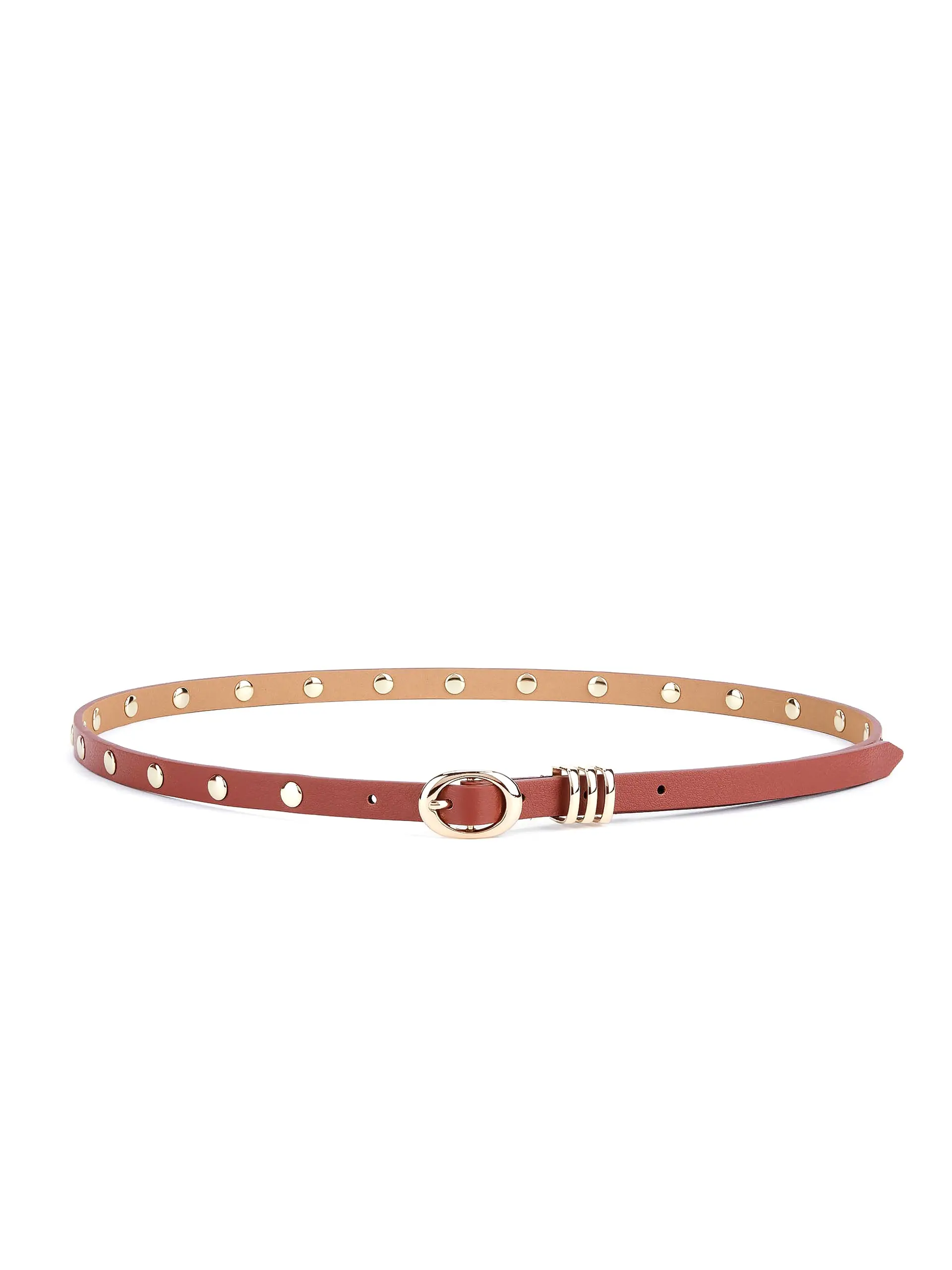 Classic Studded Skinny Belt in Cognac Leather with Gold Tone Hardware 0.5" Height