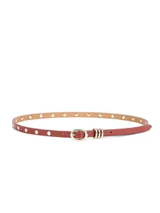 Classic Studded Skinny Belt in Cognac Leather with Gold Tone Hardware 0.5" Height