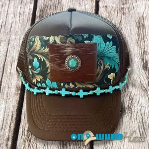 Bejeweled Handmade Trucker Hat with Genuine Cowhide Patch