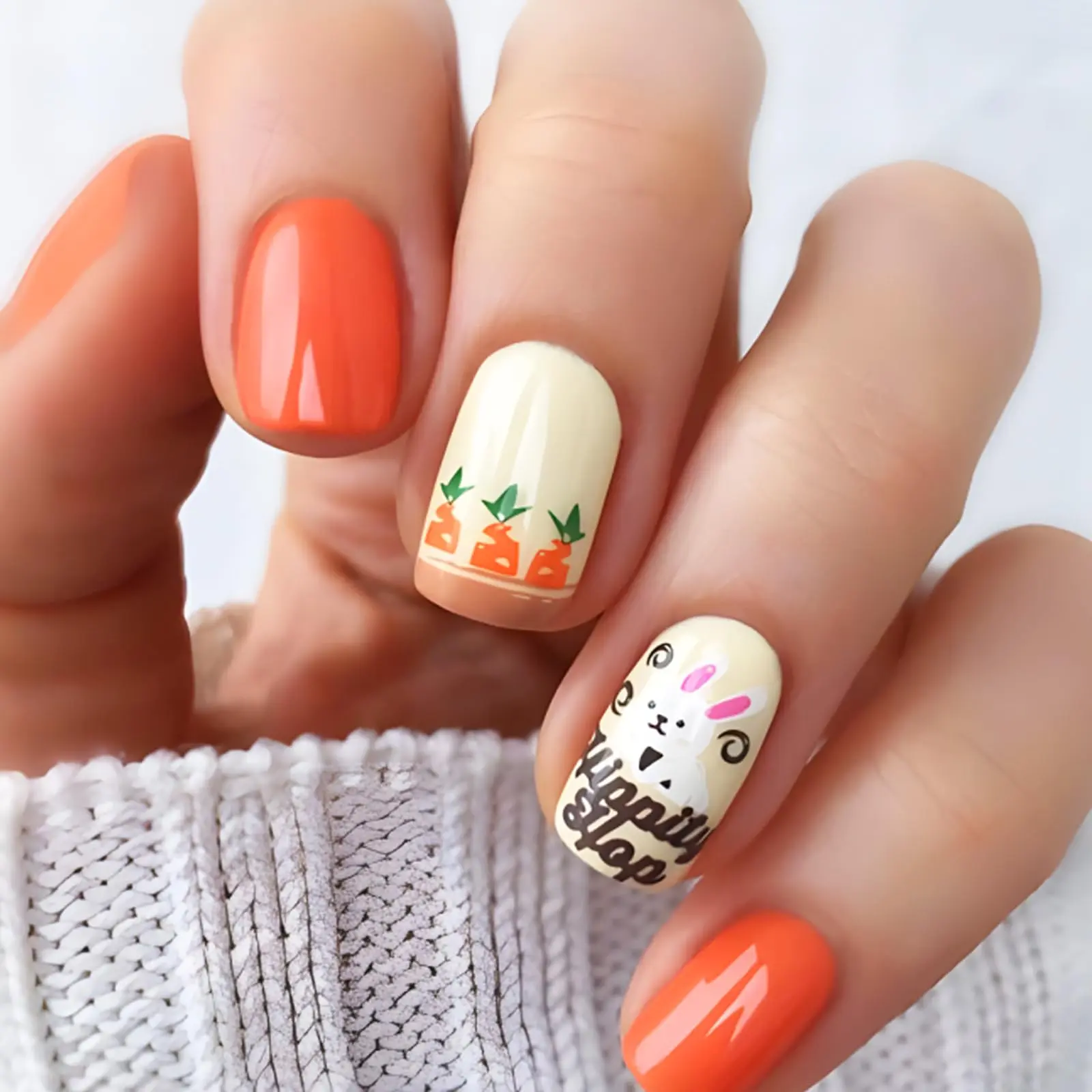 Easter Press on Nails Short Square Fake Nails Cute Press on Nails with Cartoon Bunny Designs Full Cover Glossy Acrylic Nails Stick on Nails for Women and Girls Easter Nail Art Decoration 24Pcs