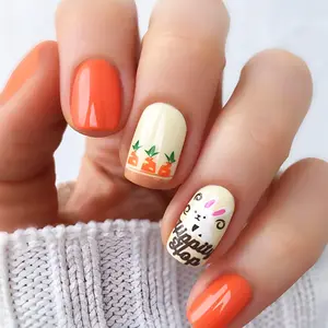 Easter Press on Nails Short Square Fake Nails Cute Press on Nails with Cartoon Bunny Designs Full Cover Glossy Acrylic Nails Stick on Nails for Women and Girls Easter Nail Art Decoration 24Pcs