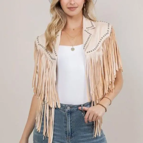 Cowgirl Blazer Beige with Fringe and Studs for Women's Fashion