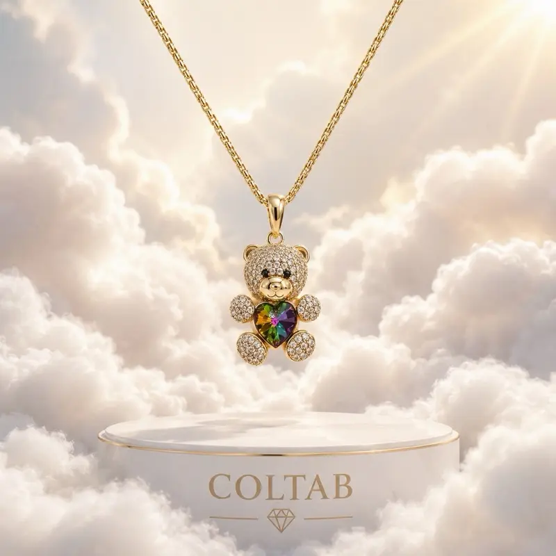14K Gold Plated Rainbow Gem Teddy Bear Pendant for Women with 20in Chain