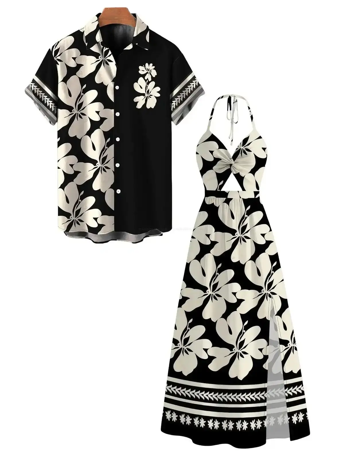Hawaii Vacation Couple Outfit Plumeria Floral Tribal Print Twisted Cut Out Bowknot Slit Halter Dress and Shirt Set Sleeve Womenswear, Trendy Look, Daily Essential, Wardrobe Staple, Modern Design, Easy Styling