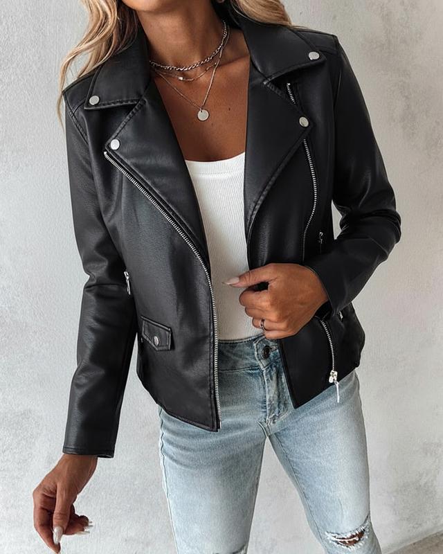 ChicMe Women's PU Leather Notched Collar Long Sleeve Zip Up Biker Jacket Casual Crop Coat