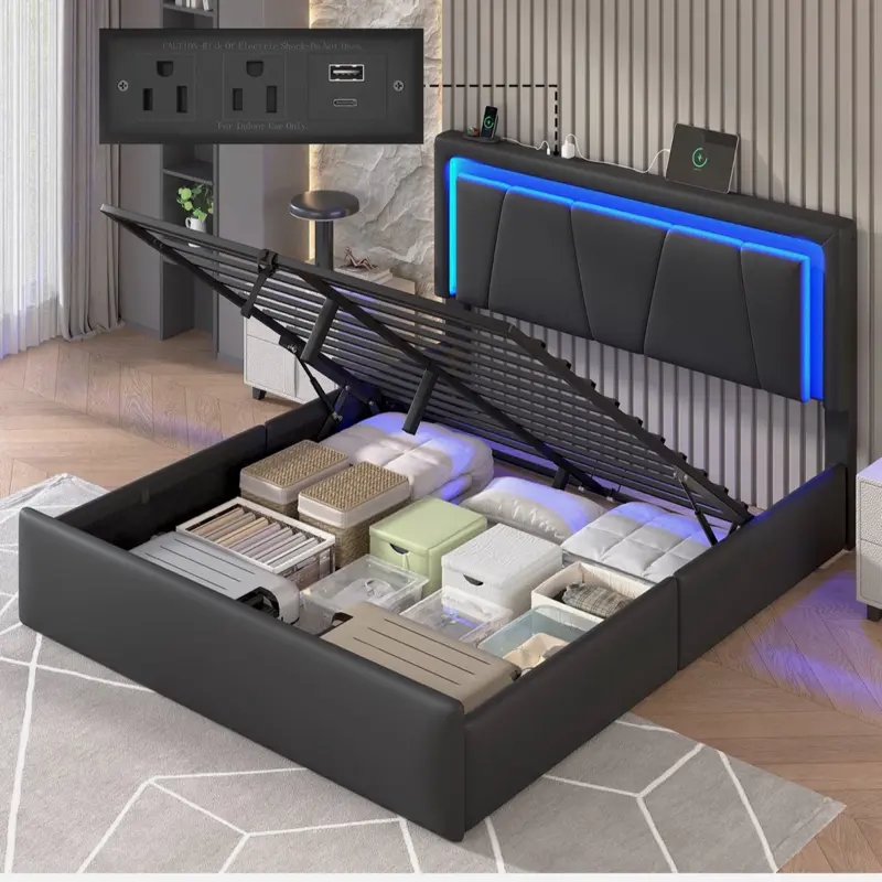 Full size hydraulic lift bed, LED lights, charging station, PU upholstered bed.