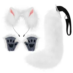 Cosplay Animal Ears and Tail Set, Plush Fox Ears Headband, Claws and Tail Three-Piece Kit, Halloween Comic Con Props