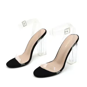 Women 4 Inch Clear Lucite Block Heel Sandals, Black Satin Round Open Toe High Heels, Transparent PVC Strap Adjustable Square Buckle Ankle Strap Dress Heels for Wedding, Club, Date Night & Prom