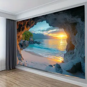 1pc Cave Seaside Sunset Knit Fabric Tapestry - Polyester Peach Skin Velvet Thin Wall Hanging, No Electricity Indoor Tapestry for Living Room Decor, Brushed Fabric with Tranquil Nature Theme