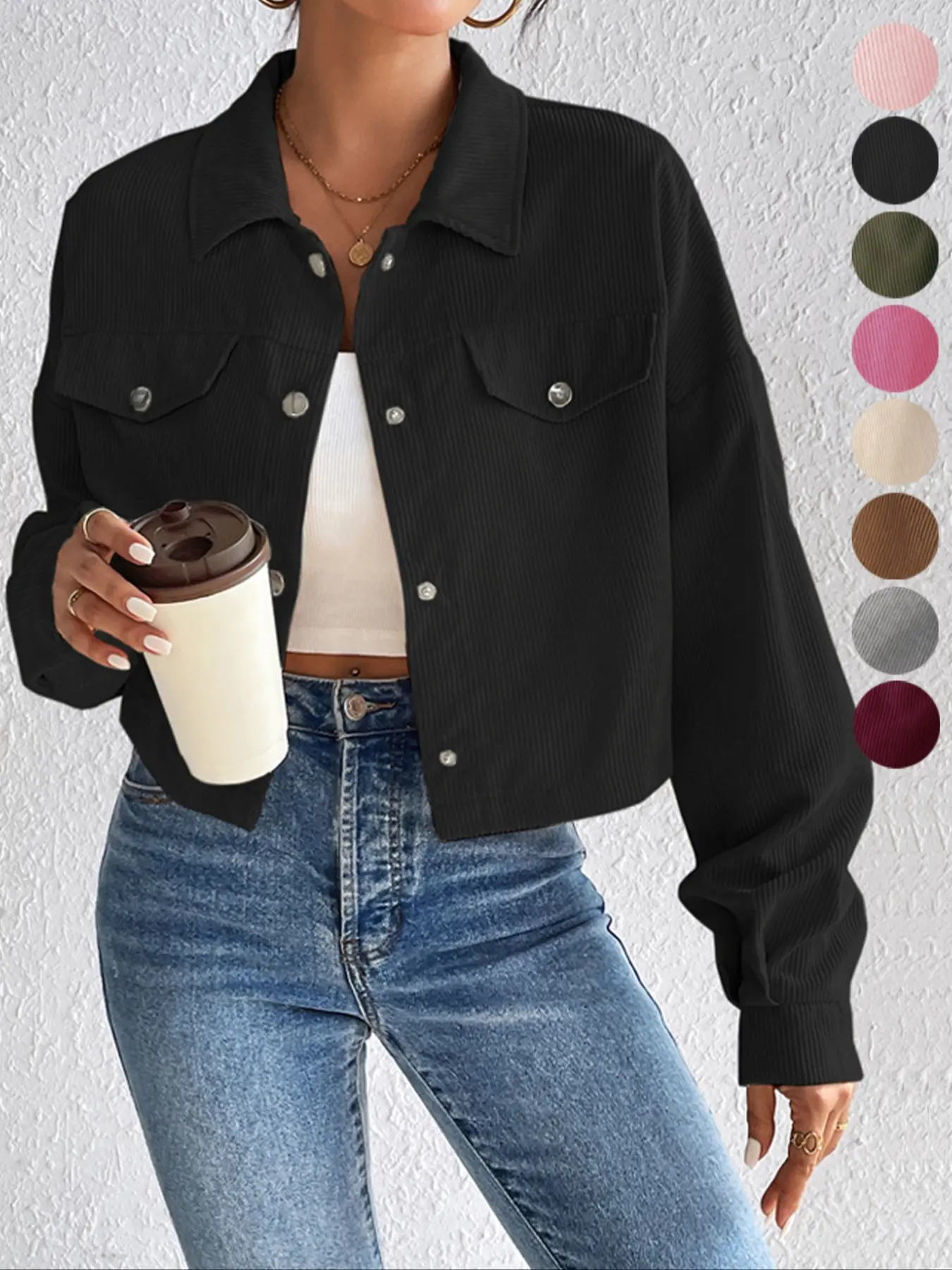 Women's Basic Solid Baggy Button Front Drop Shoulder Corduroy Jacket, Casual Everyday Long Sleeve Flap Detail Collared Outerwear for Spring & Fall, Ladies Clothes for Daily Wear Coats, Fashion Casual Outerwear