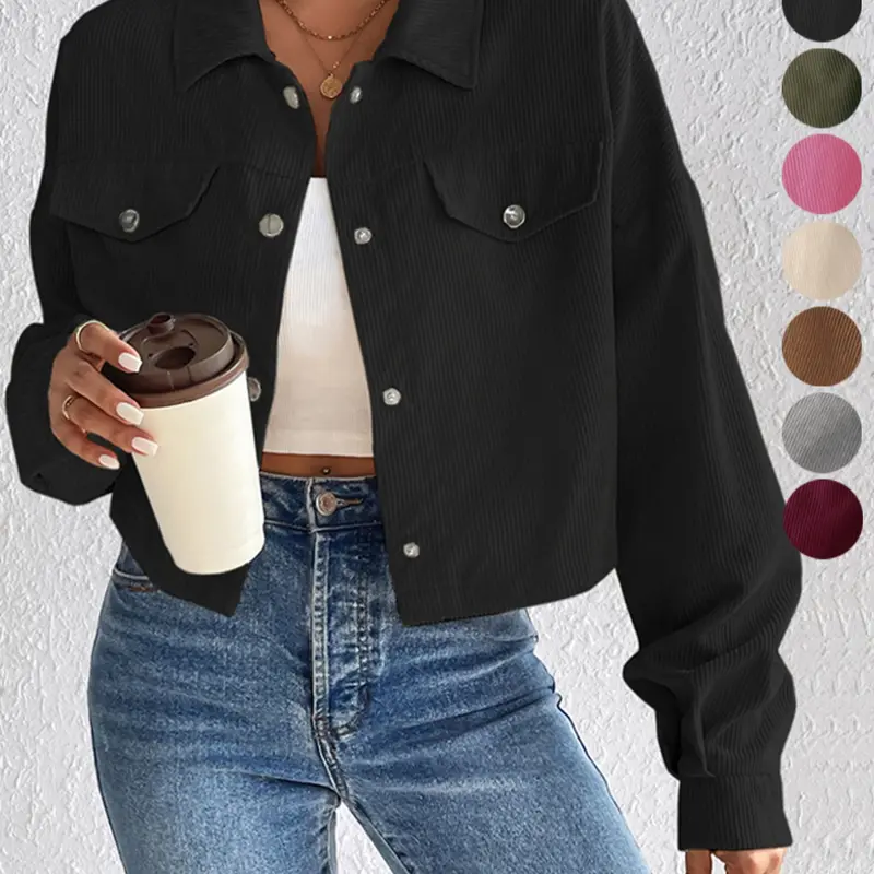 Women's Solid Button Front Drop Shoulder Corduroy Jacket Casual Long Sleeve Flap Detail Collared Outerwear for Spring & Fall, Corduroy Shirt Jacket, Ladies Clothes for Daily Wear