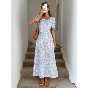 Ciel Fashion Easowa Ruffled Collar Puff Sleeve Lantern Sleeve Gathered Waist A-Line Spring/Summer Short Sleeve Dress, Vintage Romantic Ditsy Floral Fabric, Casual Resort Elegant Maxi Dress For Women Long Floral Dress Women Casual Long Dress Modest Summer