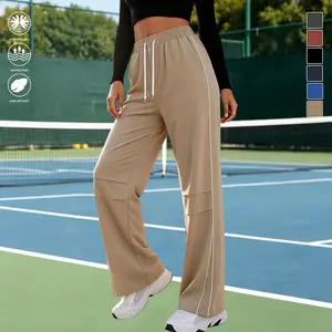 Women’s polyester wide-leg athletic pants, lightweight and quick-drying outdoor sports pants with an elastic drawstring waist and white stripes on the sides; breathable and skin-friendly, loose fit that absorbs sweat—casual jogging pants suitable for tenn