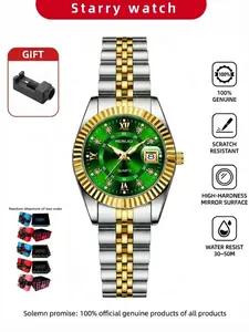 A Fresh Green Tech-Inspired Ladies' Wristwatch, Analog Watch with Two-Tone Gold Steel Bracelet, Sparkling Diamond Accents, Textured Finish with Glossy Sheen, Water Resistant, Magnified Date Window, Quartz Movement