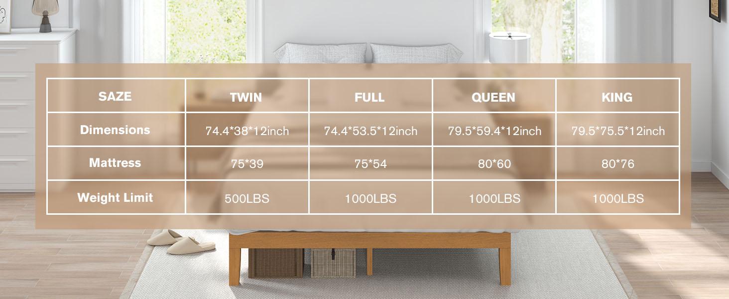 Queen Size Wood Bed Frame, 12in Platform Mattress Foundation with Support Slats, Natural Pine Color, Easy Assembly, No Spring Needed