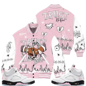 5 Medium Soft Pink Varsity Jacket For Youth & Adults, Soft Pink 35th Anniversary 5s Shirt Tattoo Trust No One Match Sneakers StreetwearOutfit Clothes Fabric