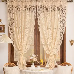 French Country Lace Embroidered Summer Transparent Small Curtain, Rod Pocket Hanging, for Living Room, Bedroom, Kitchen, Balcony, Garden, Shed, Window Decor
