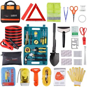 Car Roadside Emergency Kit with Jumper Cables, Auto Vehicle Safety Road Side Assistance Kits, Winter Car Kit Essentials for Women and Men, with Car Repair Tool Set, Folding Survival Shovel