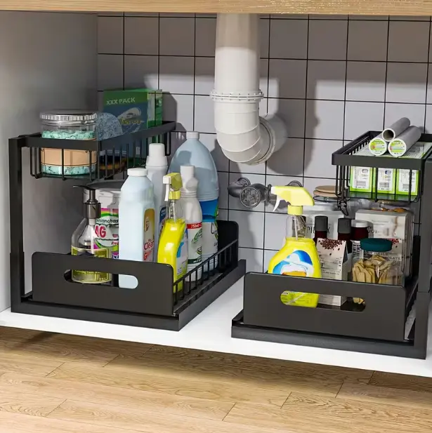 Double-Tier Under-Sink Storage Organizer, Under-Sink Shelving Unit, Sliding Cabinet Storage Rack, Metal Sliding Drawers—Ideal for Kitchens, Bathrooms, Pantries, Cabinets, and Wardrobes