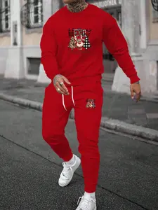 Men's Christmas Deer Print Sweatshirt & Drawstring Waist Sweatpants Set, Regular Fit Casual "Merry" Letter Print Long Sleeve Pullover & Pocket Jogger Pants, Men's Spring & Fall Clothes