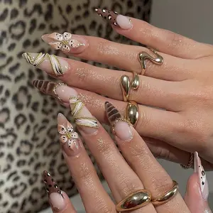 New Seasonal Almond Shape Nail Art Set, 24pcs Glossy Gold Chain Floral Design, Reusable Press-On Nails for Women, Party & Daily Wear