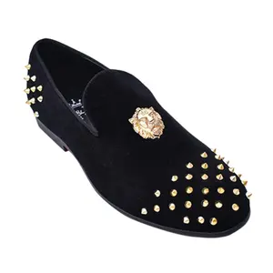Black Velvet Loafers with Gold Spikes – Luxury Prom & Formal Shoes