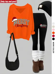 Women's Christmas Print V-Neck Long Sleeve Hoodie Set, Fitted Skinny Pants, Casual Fall & Winter, Multi Color Options, Matching Clothing Set