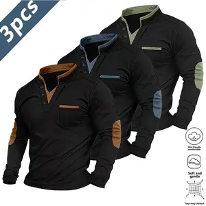 3 Pack Men's 3-Season Layered Polo Shirt | Brown Elbow Detail Fake Two-Piece Knit | Golf/Work/Party/Vacation Versatile Top Long Sleeve Khaki Green Blue