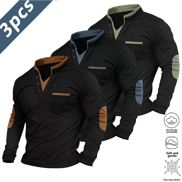 3 Pack Men's 3-Season Layered Polo Shirt | Brown Elbow Detail Fake Two-Piece Knit | Golf/Work/Party/Vacation Versatile Top Long Sleeve Khaki Green Blue Activewear Sportswear