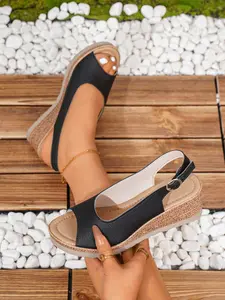 Summer New Soft Leather Wedge Sandals, Casual Sandals, Women's Back Strap Fish Mouth Shoes, Straw Anti-Slip Rubber Commuter High Heels, Fashionable and Comfortable