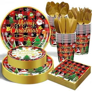 Christmas Party Decorations Supplies - 175 PCS Merry Christmas Red Plaid Disposable Dinnerware Set Xmas Paper Plates and Napkins Sets with Cups Fork Spoon for Holiday Party Supplies, Serve 25