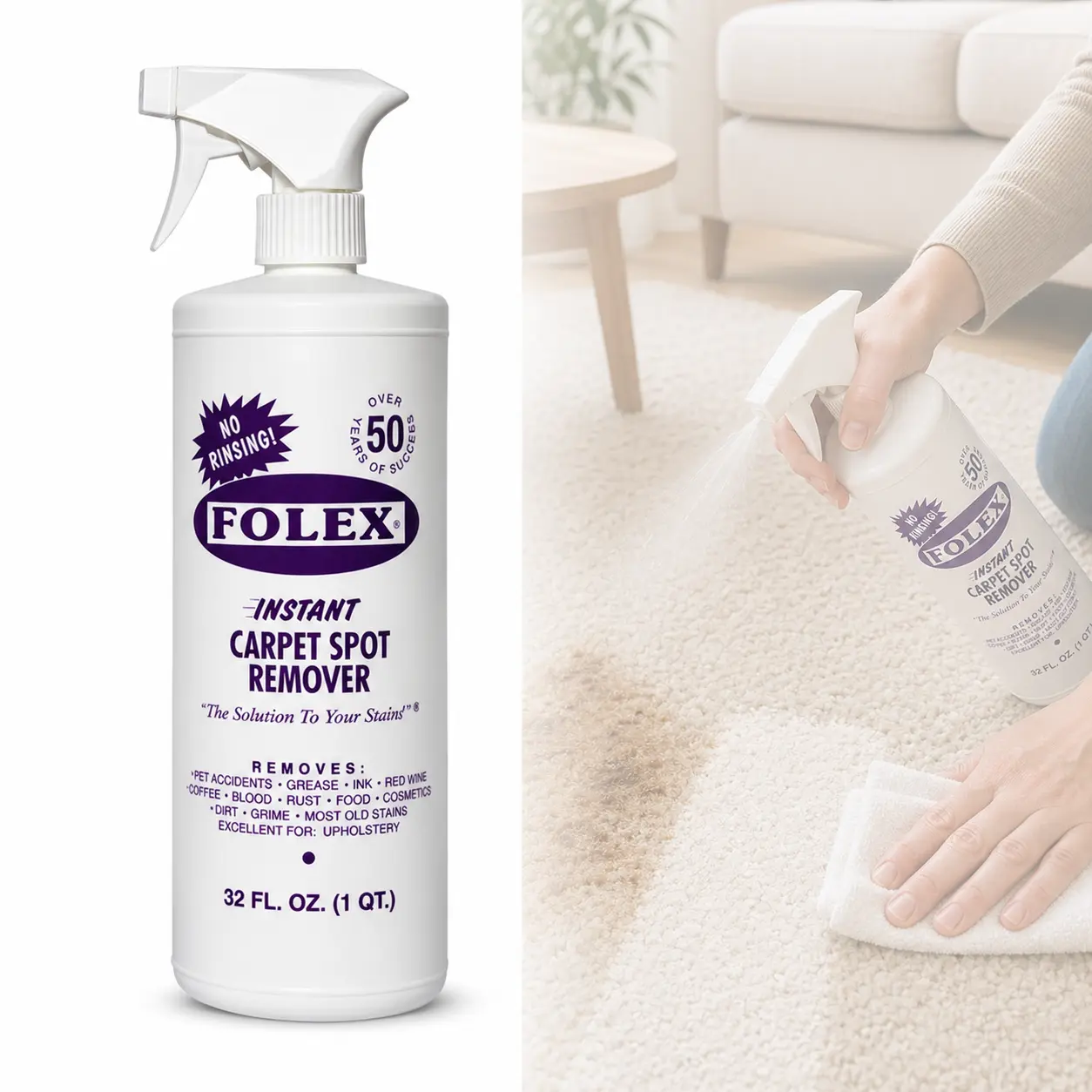 Folex 32 oz. Instant Carpet Spot Remover Carpet Cleaner, Instantly Removes Tough Pet, Grease, Red Wine, and Coffee Stains from Carpets and Upholstery, No Rinsing Needed, Water Based and Non-Toxic, Safe for Kids and Pets.