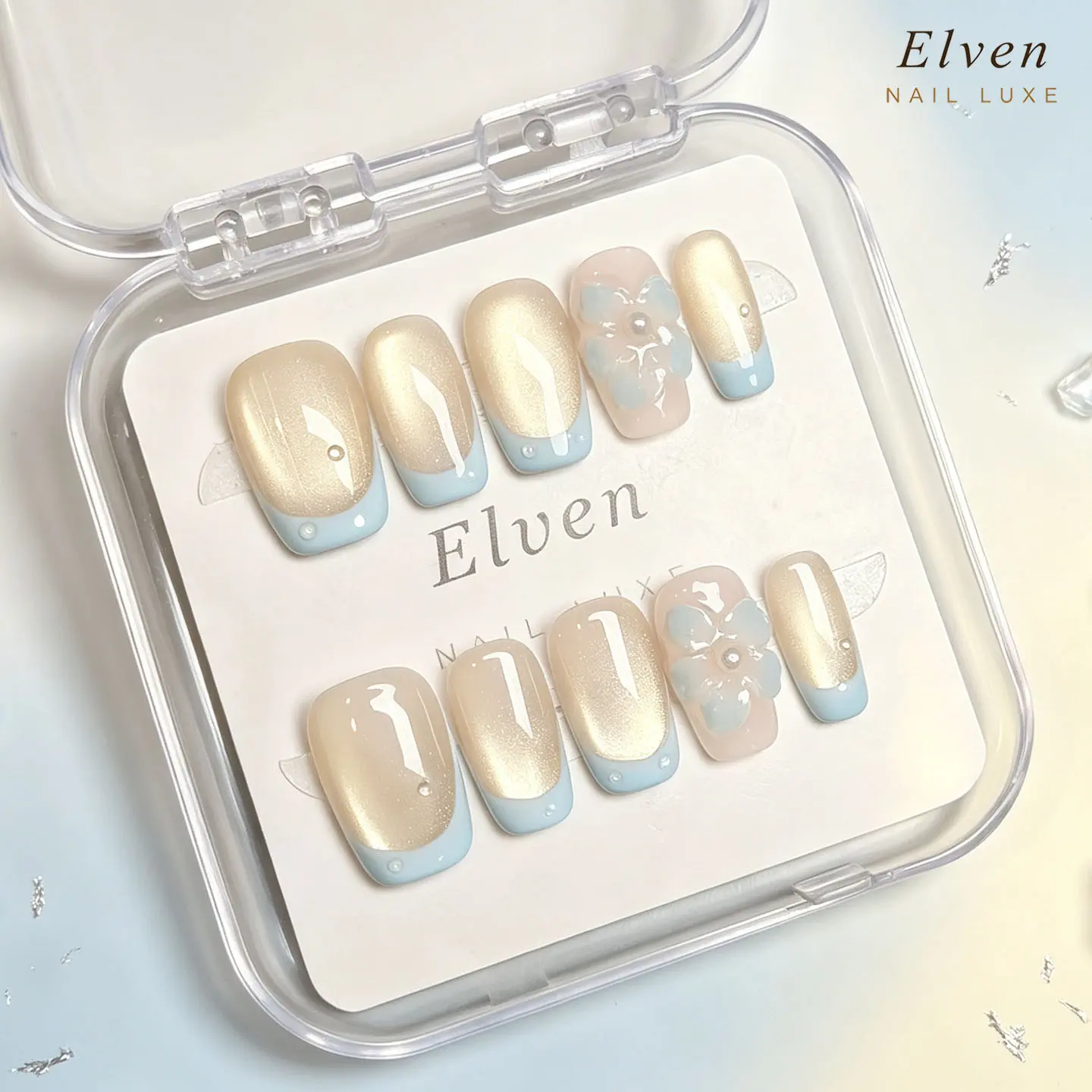 Handmade Champagne Gold Blue French Tip Press On Nails With 3D Floral & Tiny Pearl Accents, Short Square Reusable Fake Nails For Minimalist Elegant Wear