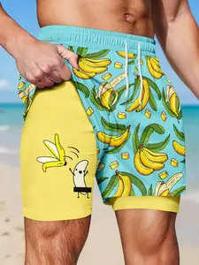 Men's Double-Layer Beach Shorts, Banana Print, Loose-Fit, Elastic Waist, Breathable, Summer Swim Trunks, Fun Cartoon Lining, Casual Gym Shorts, Swimwear Shorts
