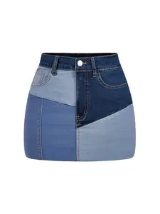 New Fashion Women's Trendy Denim Mini Skirt, Colorblock Patchwork, High Waist Slim Fit Short Dress, Spring Summer Casual Wear