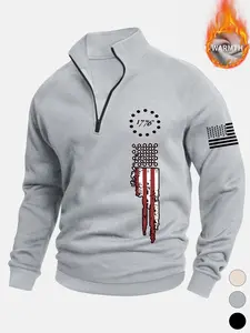 Men's Fall Winter Casual Stand Collar Pullover Sweatshirt, Flag Pattern Print, Half Zip Design, Layered Wear, Daily Wear