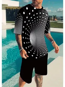 Men's Summer Casual Geometric Print Short Sleeve Tee and Sporty Shorts Set, Fitted H-Type Crop Top, Drop Waist Track Shorts