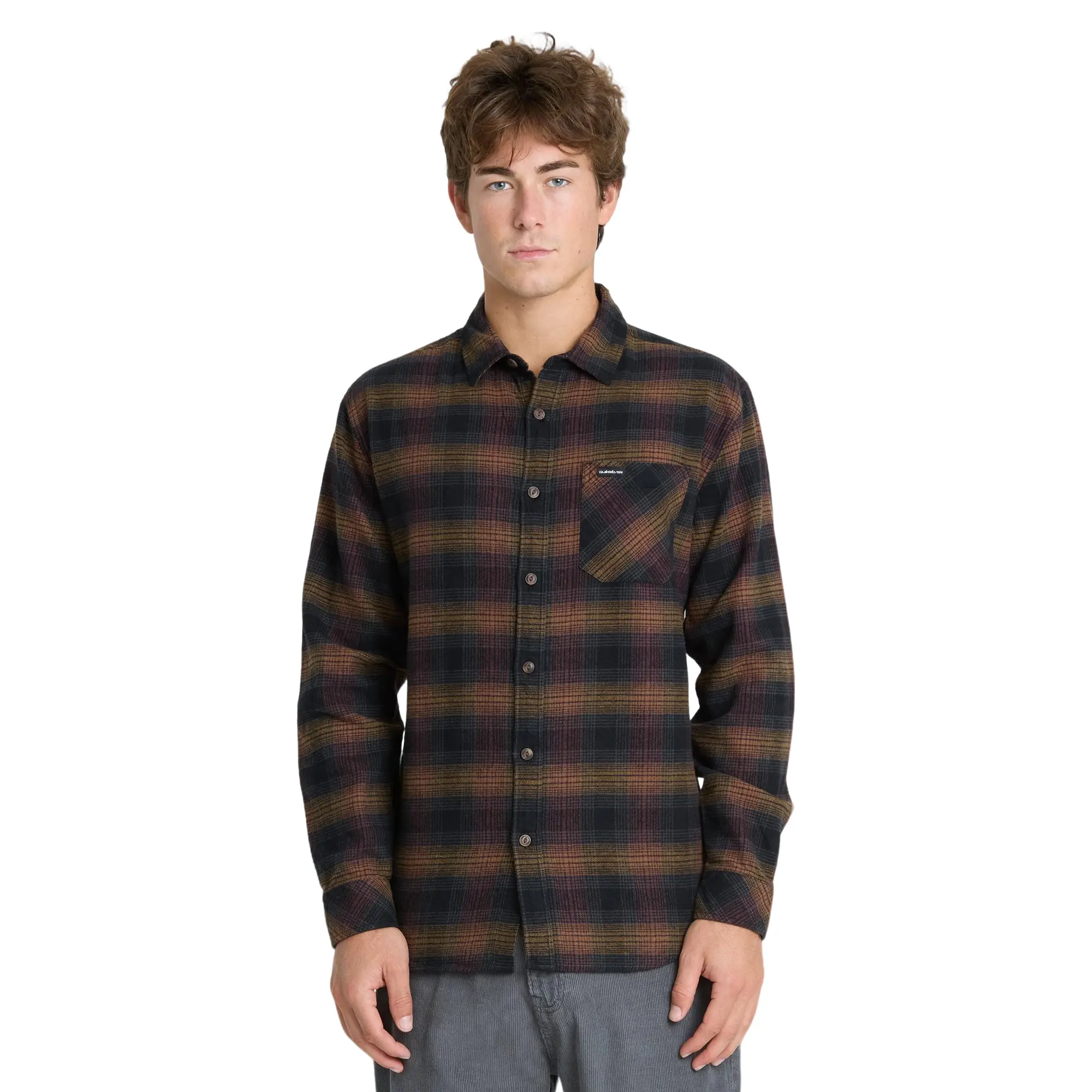 Quiksilver | Breakwater Check Long Sleeve Flannel Shirt | Anthracite Plaid & Button Cuffs & Chest Pocket Casual Button Up Top