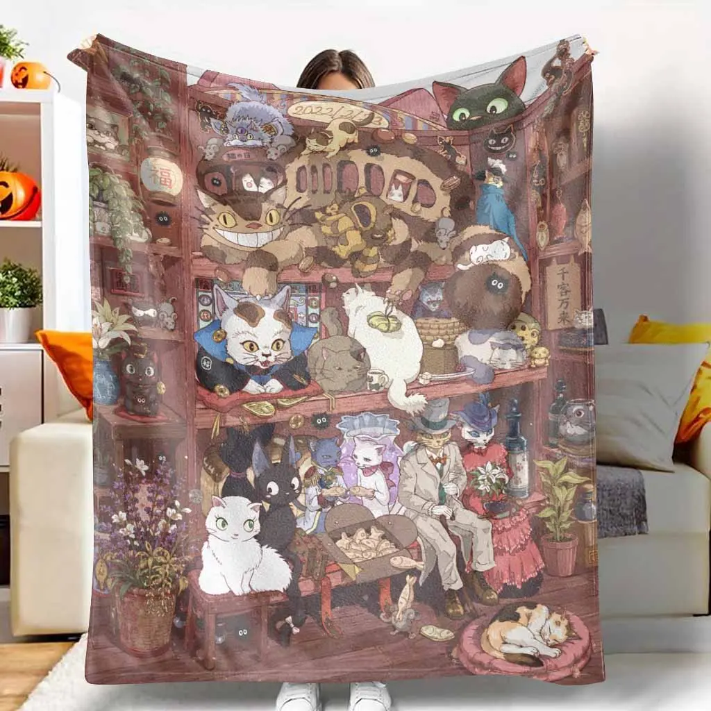 Vintage Cat Gathering Flannel Blanket Fantasy Cartoon Feline Print Cozy Soft Warm Lightweight Decorative Throw for Sofa Bedroom Office Reading Nook Gift for Cat Lovers Home Decor Relaxing Moments