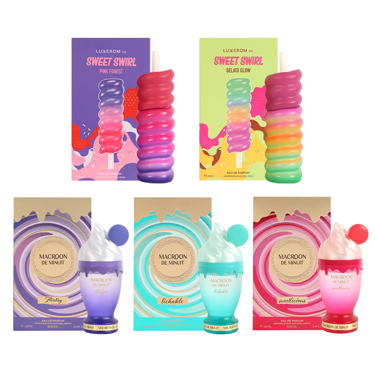 Bundle of Luxerom & Afaq Creator Pack 1 - Sweet Swirl Pink Forest (LUX063), Sweet Swirl Gelato Glow (LUX064), Flirtisy (AR094), Likable (AR093), Sweetlicious (AR092) Natural Spray for Women