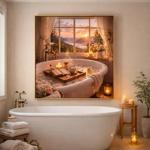 Mountain Sunrise Bathtub Wall Art | Cozy Spa Bathroom Decor | Relaxing Aesthetic Nature Landscape Print | Cottagecore Bathroom Art