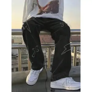 Men's Distressed Lightning Cross Embroidered Black Denim Jeans Casual Menswear Streetwear Pocket