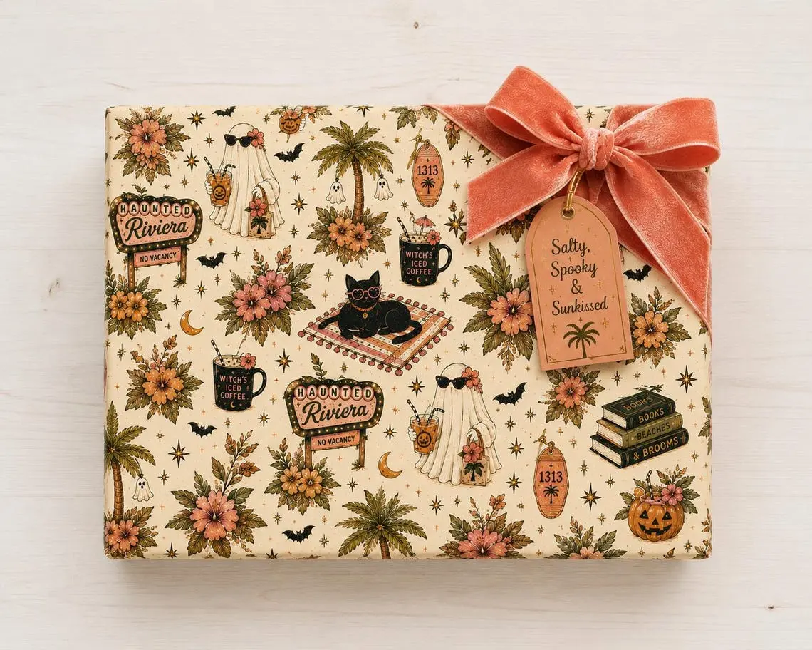 Summerween Wrapping Paper Roll | Haunted Motel Gift Wrap | Coastal Witch Halloween Paper | Ghost Beach Club Wrapping Paper