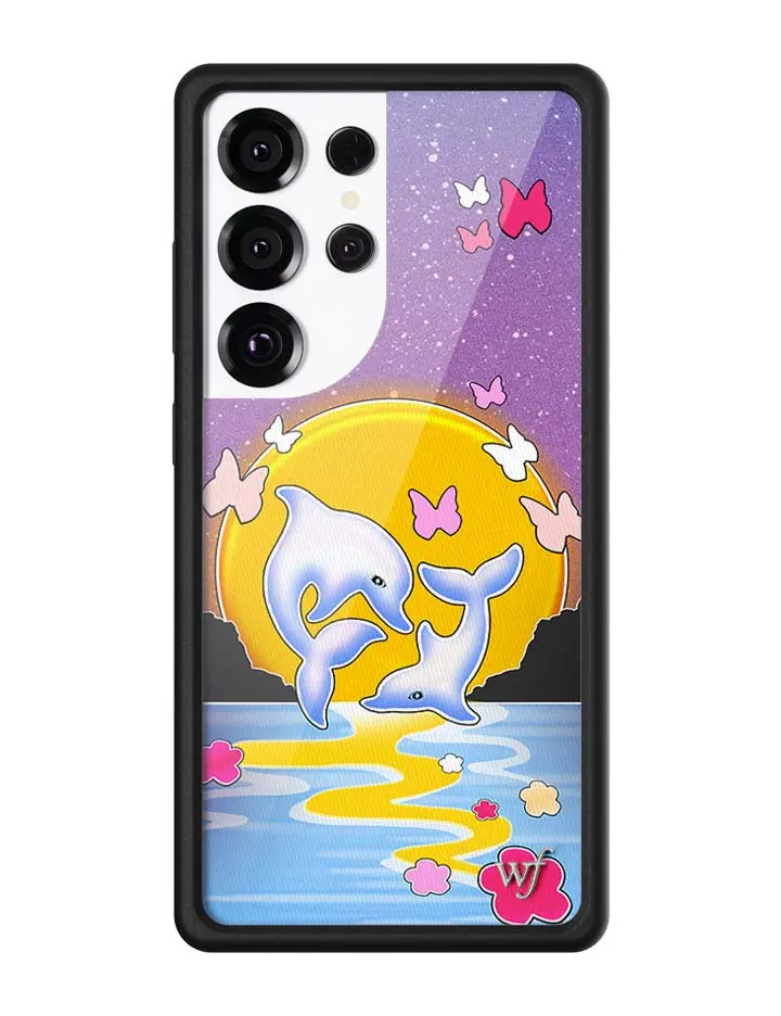 Dolphin Sunset | Limited Edition Trendy Samsung Galaxy Case | Raised Protective Black Bumper | Women Owned Small Business | Vibrant Sunset Ocean Background Leaping Dolphins Pastel Butterflies | Safety Casing Protective | Gift for Her